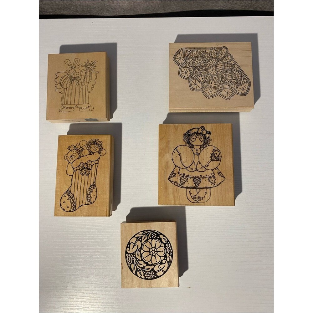 Vintage DOTS Rubber Stamps Lot of 5 Wood Mounted Christmas Stocking Bunny Doll